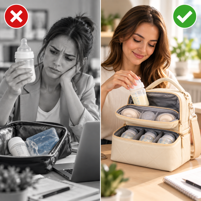 Before and after comparison of checking a milk bottle beside a melting ice pack versus organizing bottles in an insulated Milk Cooler Bag