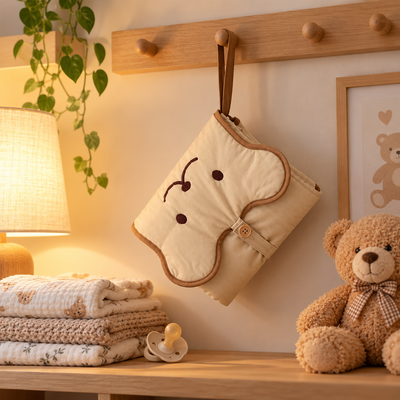 Bear-face changing pad pouch hanging on a wooden peg rail in a cozy nursery with blankets and a teddy bear