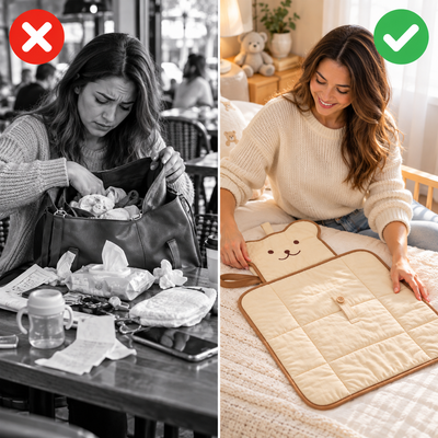 Before and after: messy cluttered bag versus calm nursery with the quilted bear changing pad