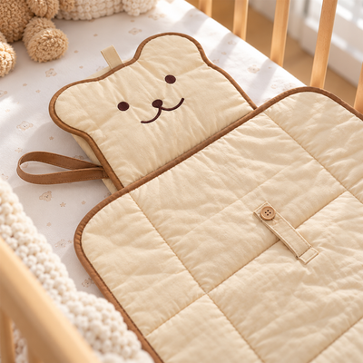 Close-up of the quilted cotton bear-face changing pad with brown piping, wrist loop and button strap