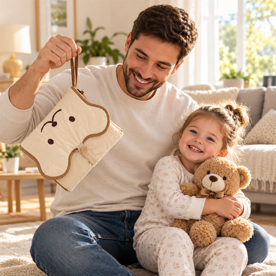 Dad holding the folded bear-face changing pad pouch by its wrist loop with a smiling daughter and teddy bear