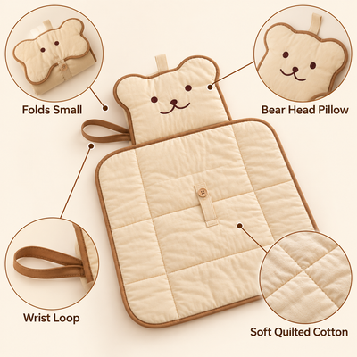 Infographic of the portable bear changing pad: folds small, bear head pillow, wrist loop, soft quilted cotton