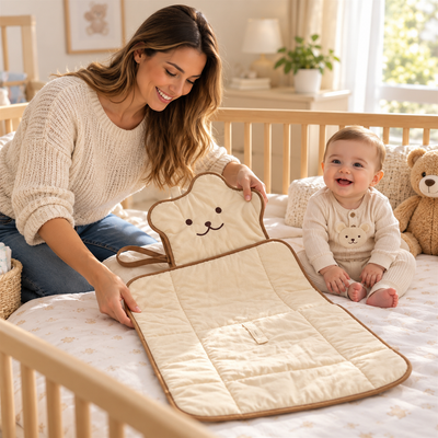 American mom unfolding the cream quilted bear-face portable changing pad on a crib mattress beside a smiling baby