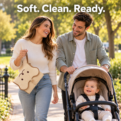 Soft. Clean. Ready. - parents walking in a park with a stroller and the folded bear changing pad pouch