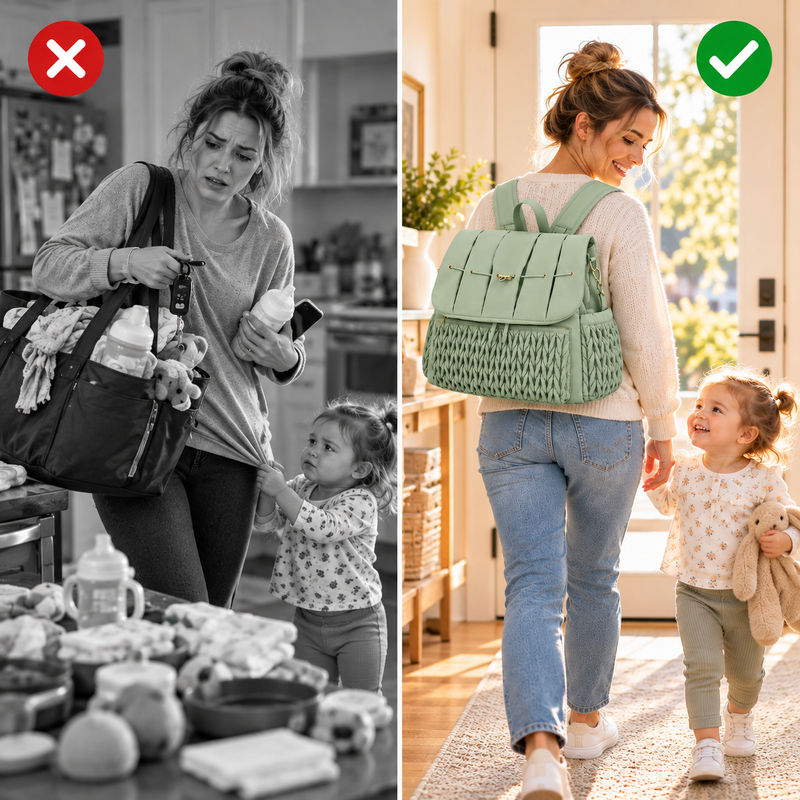 Before and after: cluttered generic tote versus organized sage green quilted diaper backpack