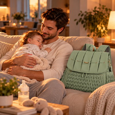 Father resting with sleeping baby on the sofa, sage green quilted diaper bag beside them