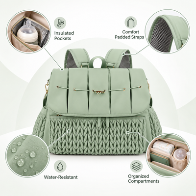 Quilted diaper bag features: insulated pockets, padded straps, water-resistant fabric, organized compartments