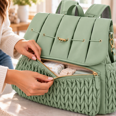 Hands opening the front zipper pocket of the quilted diaper bag, diapers inside