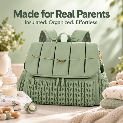 Sage green quilted insulated diaper bag, made for real parents