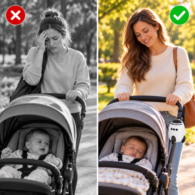 Before and after: tired parent with a restless baby versus relaxed parent with baby asleep using the stroller soother