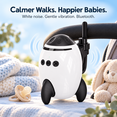 Calmer Walks. Happier Babies. White rocket-shaped stroller soother with white noise, gentle vibration and Bluetooth