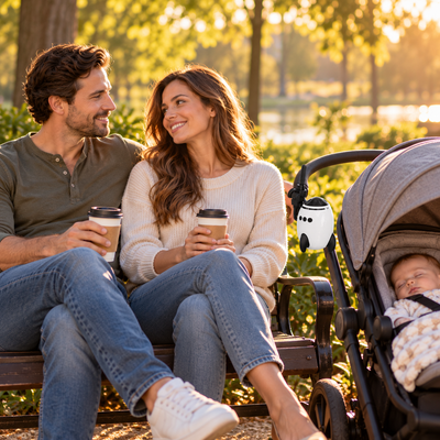 Couple relaxing on a park bench beside a stroller with the soother attached and baby sleeping