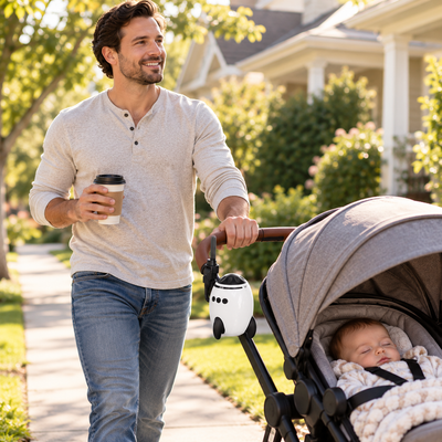 Father walking with coffee and a stroller with the clip-on white noise soother attached to the handlebar
