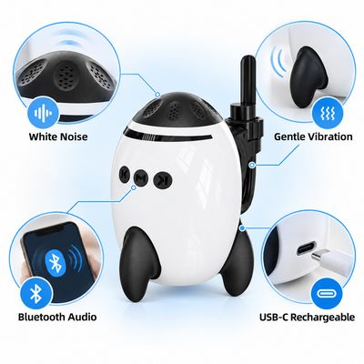 Stroller soother features: white noise, gentle vibration, Bluetooth audio, USB-C rechargeable