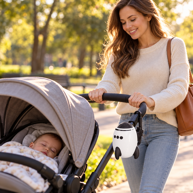 American mother pushing a stroller in the park with the white rocket stroller soother clipped to the handlebar while baby sleeps