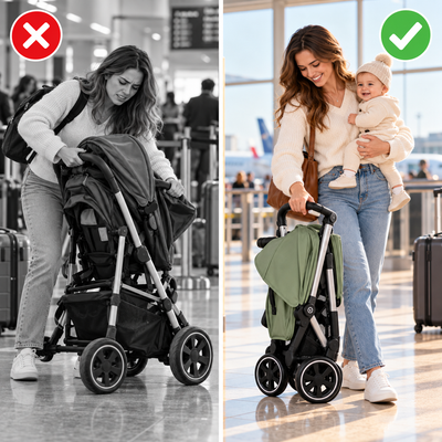 Before and after: mom struggling with a bulky stroller versus folding the lightweight stroller with one hand at the airport