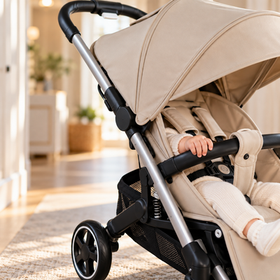 Close-up of the beige stroller hooded canopy, padded safety bar and aluminum frame with shock absorbers