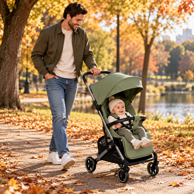 Dad pushing a baby in the green lightweight stroller through a sunny park