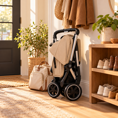 Folded beige lightweight stroller stored in a cozy home entryway next to a diaper bag