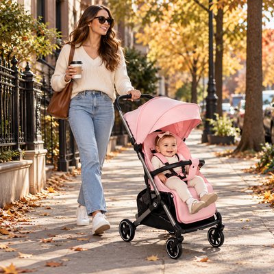 American mom walking a smiling baby in the pink lightweight stroller on an autumn city sidewalk