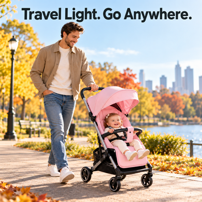 Travel Light. Go Anywhere. Dad walking with baby in the pink lightweight stroller in the park