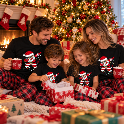 Family in matching Santa Christmas T-shirts opening gifts with hot cocoa on Christmas morning