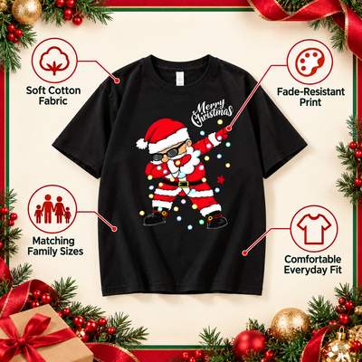 Infographic of the family Christmas T-shirt: soft cotton fabric, fade-resistant print, matching family sizes, comfortable fit